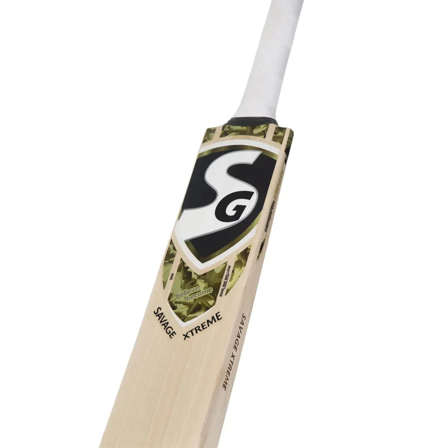 Profile shot of SG Savage Xtreme Grade 4 English Willow bat highlighting balanced weight and professional design — Cricketer Point.