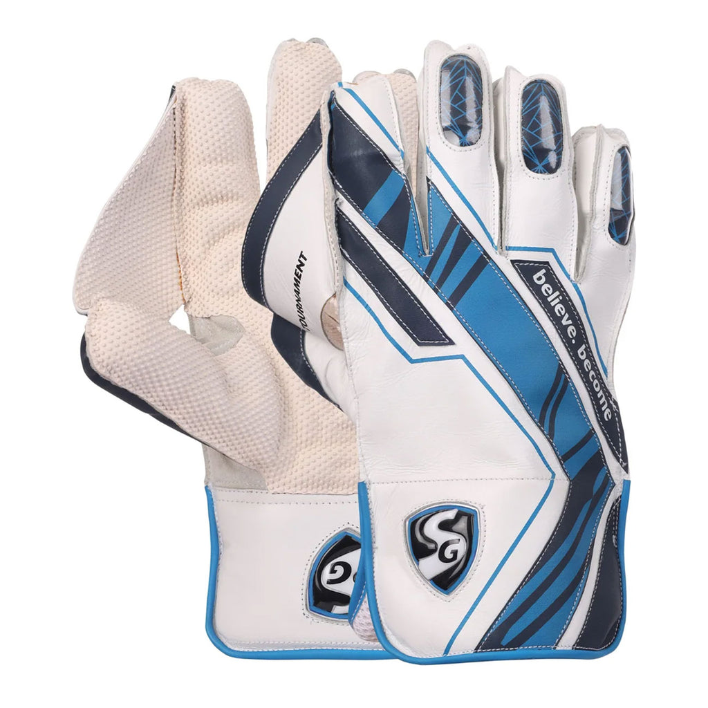 Pair of SG Tournament wicket keeping gloves showing white leather back, blue accents, and SG logo.