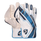 Pair of SG Tournament wicket keeping gloves showing white leather back, blue accents, and SG logo.