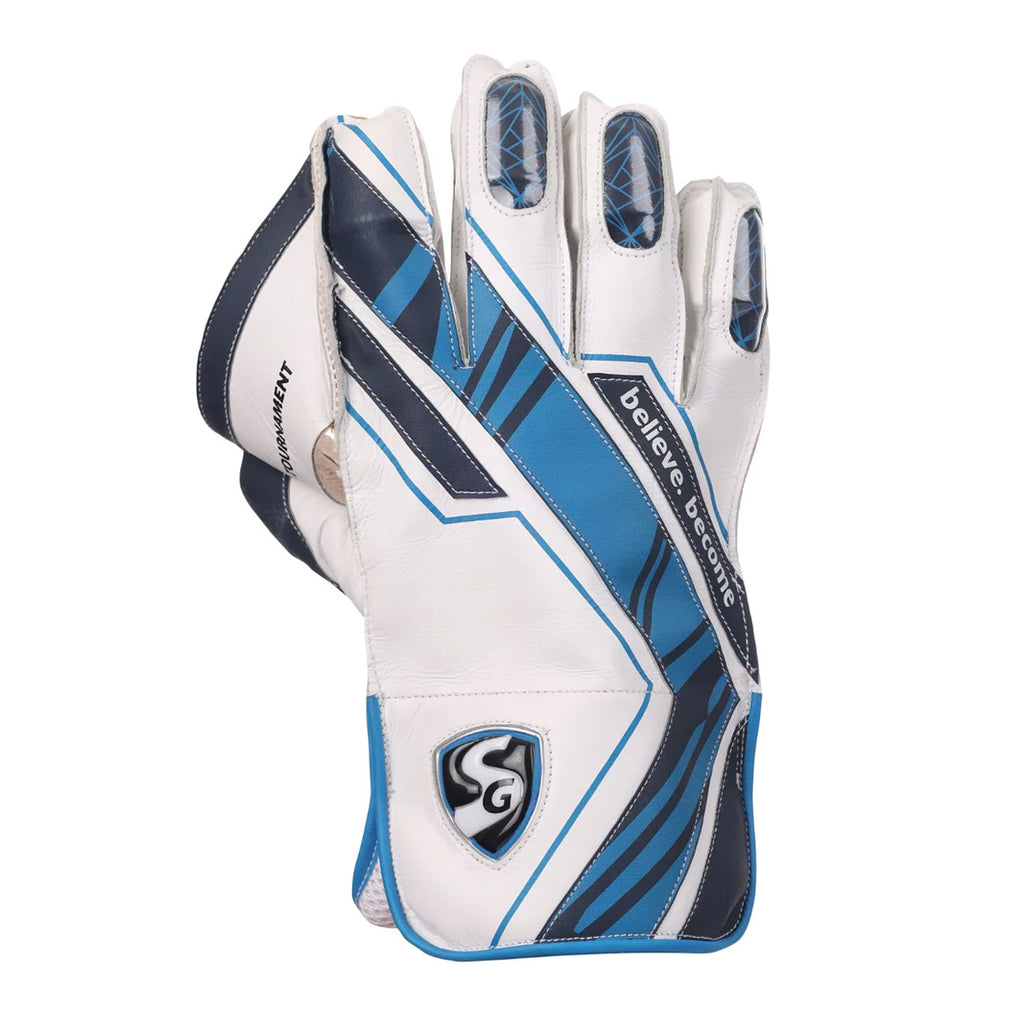 Single SG Tournament wicket keeping glove back view showing blue diagonal stripes and believe become slogan.