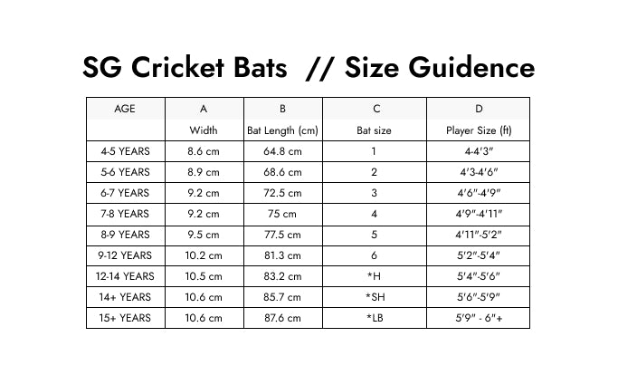 Size Guide — SG Klr Flicker Cachemire Batte de cricket en saule