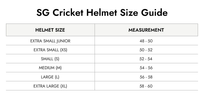 Size Guide — SG Smartech Cricket Helmet