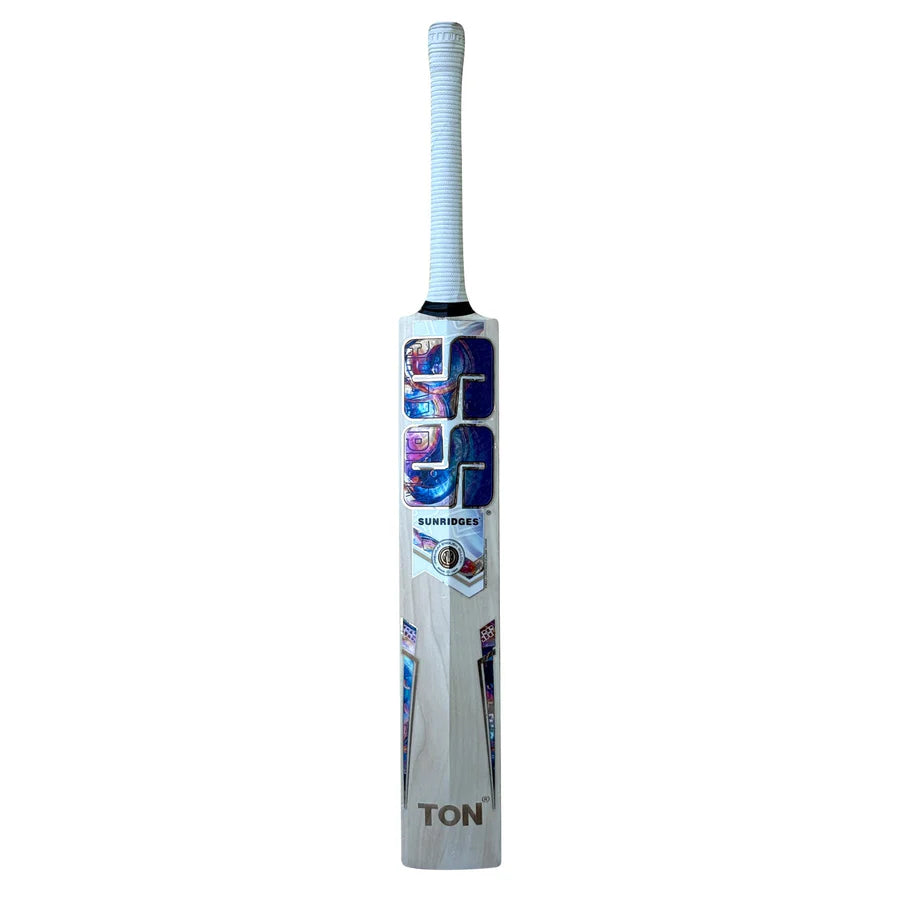 Close-up of the embossed chrome sticker and high-quality grip on the SS Champion English Willow Cricket Bat.