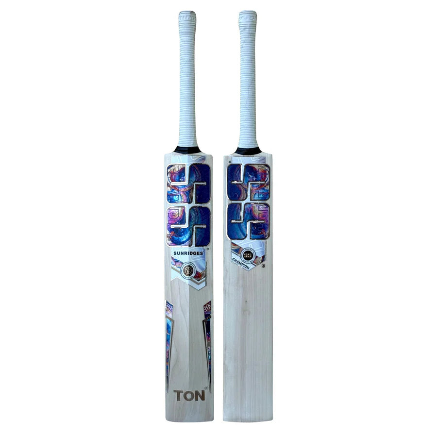Front view of the SS Champion English Willow Cricket Bat by Cricketer Point showing the clean wide play area.