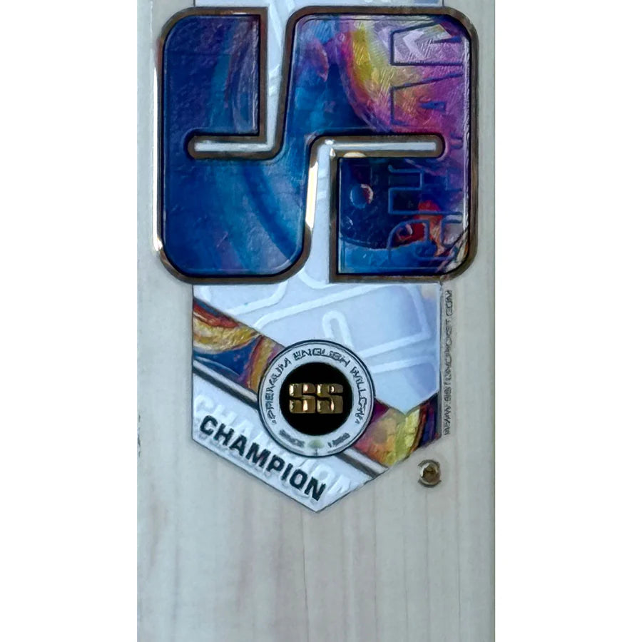 Bottom angle view showing the thick toe profile and clean wood finish on the SS Champion English Willow Cricket Bat.