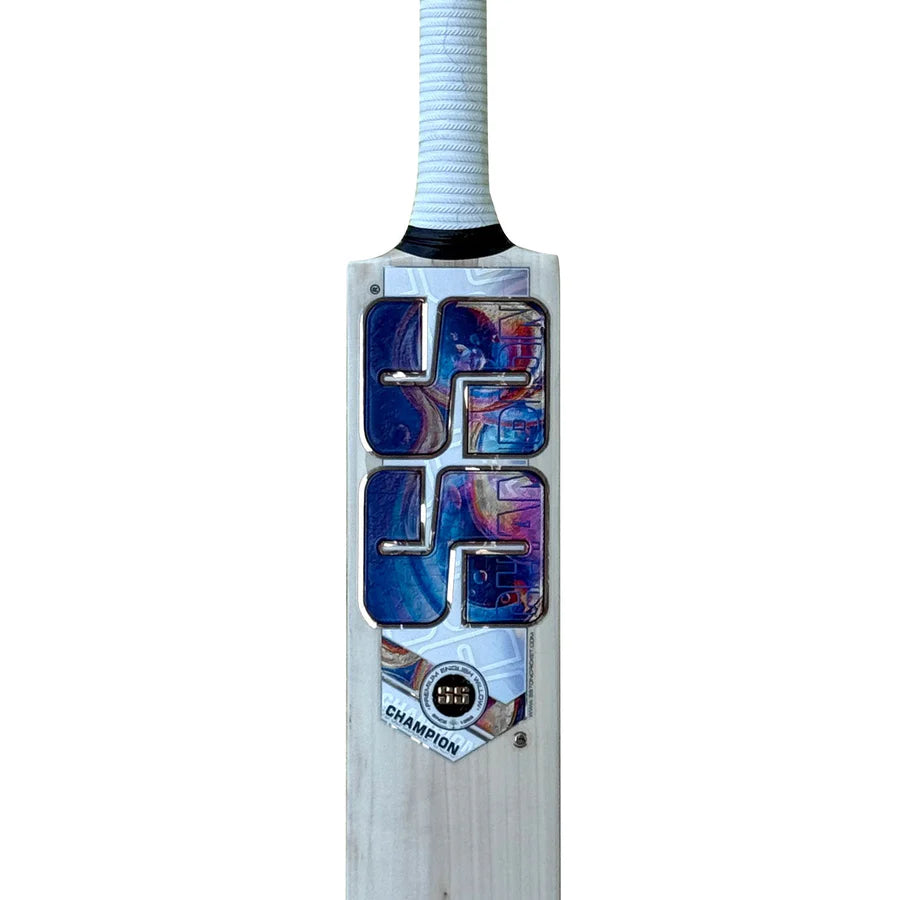 The SS Champion English Willow Cricket Bat displayed alongside its premium portable SS bat cover.