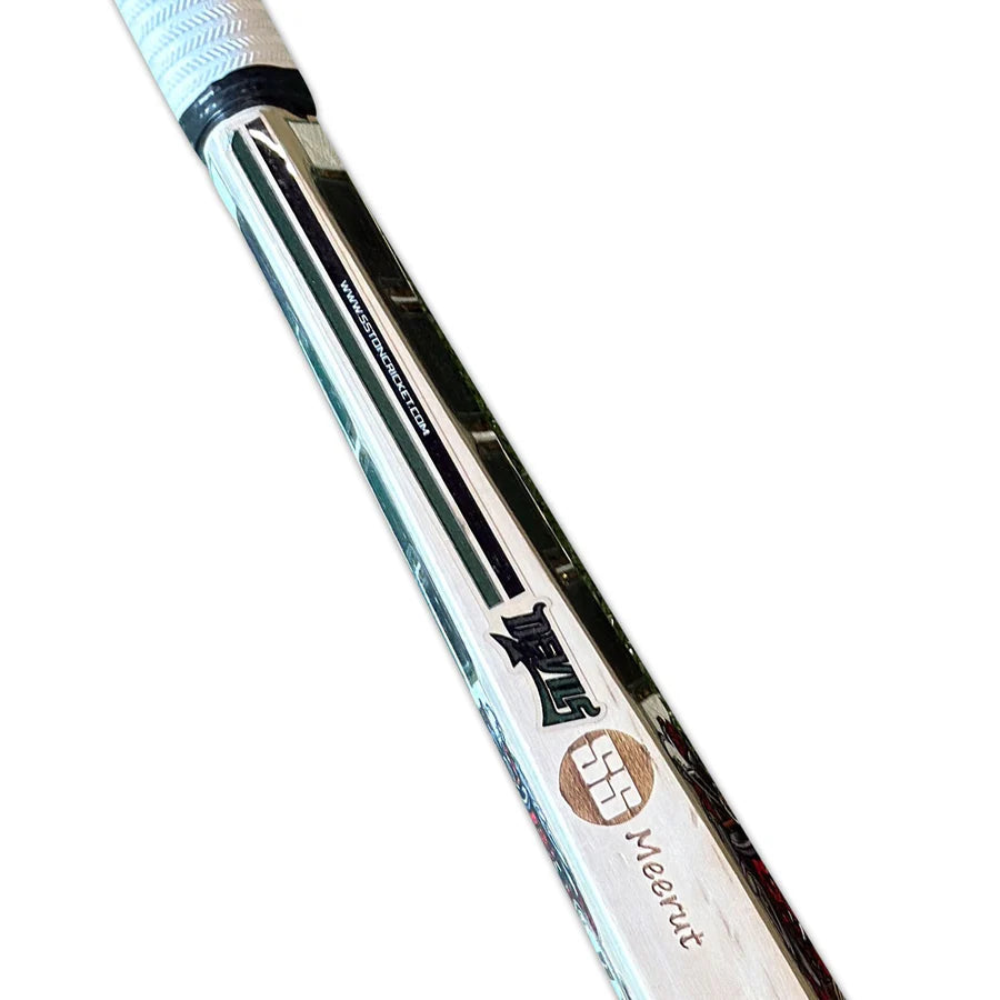 Top-down perspective showing the round cane handle and wave-textured grip of the SS Devils Green English Willow Cricket Bat.