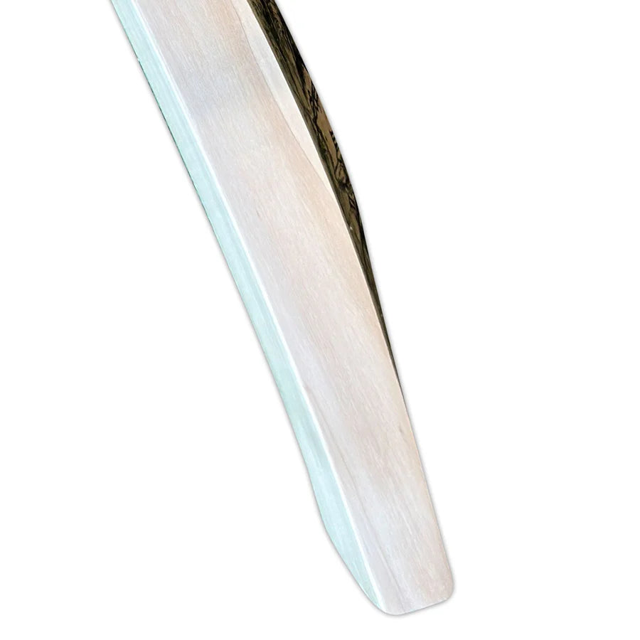 Angled view highlighting the vibrant lime-green decal stickers on the SS Devils Green English Willow Cricket Bat.