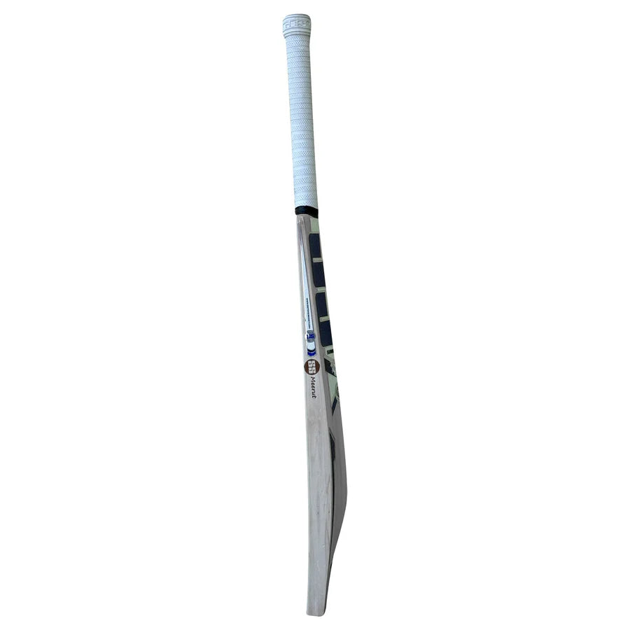 Side angle showing the big edges and slight bow of the SS Sky 360 Junior English Willow Bat from Cricketer Point.