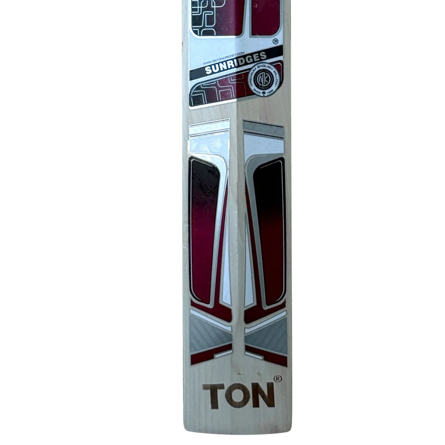 Close-up of the official SS Tiger decals and branding on the back of the English Willow Cricket Bat.