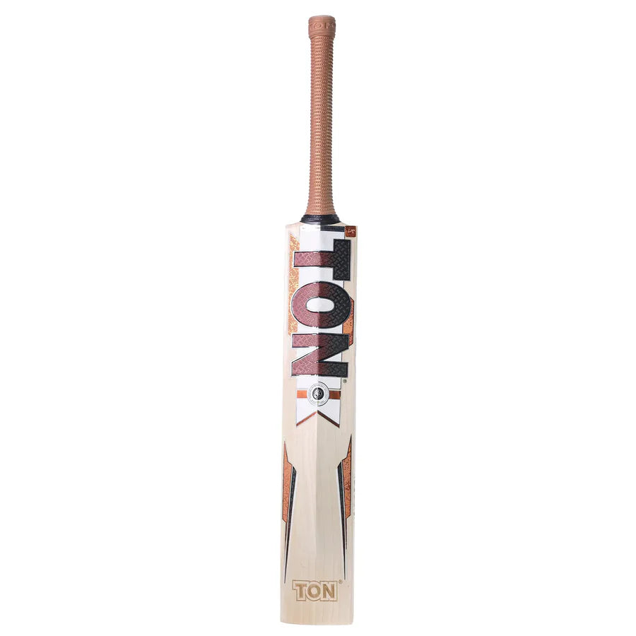 Back of SS Ton Gutsy English Willow Cricket Bat with embossed chrome stickers and spine.