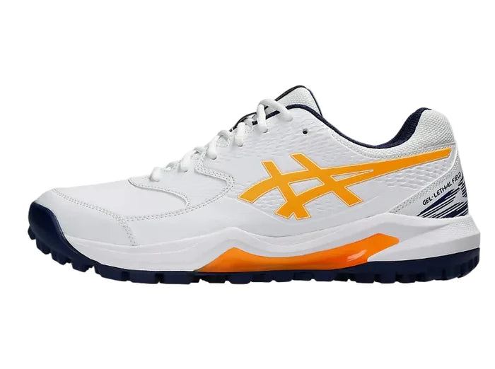 Undersole view highlighting the multi-stud traction pattern on the Asics Gel-Lethal Field 2.