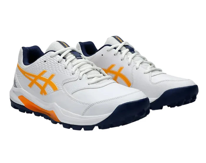 Asics Gel-Lethal Field 2 Cricket Shoes in White and Orange side profile view.