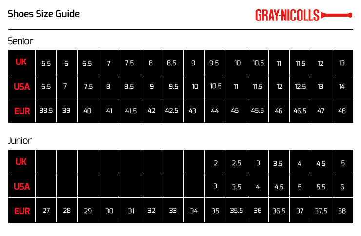 Size Guide — Gray Nicolls Velocity 5.0 Rubber Shoes