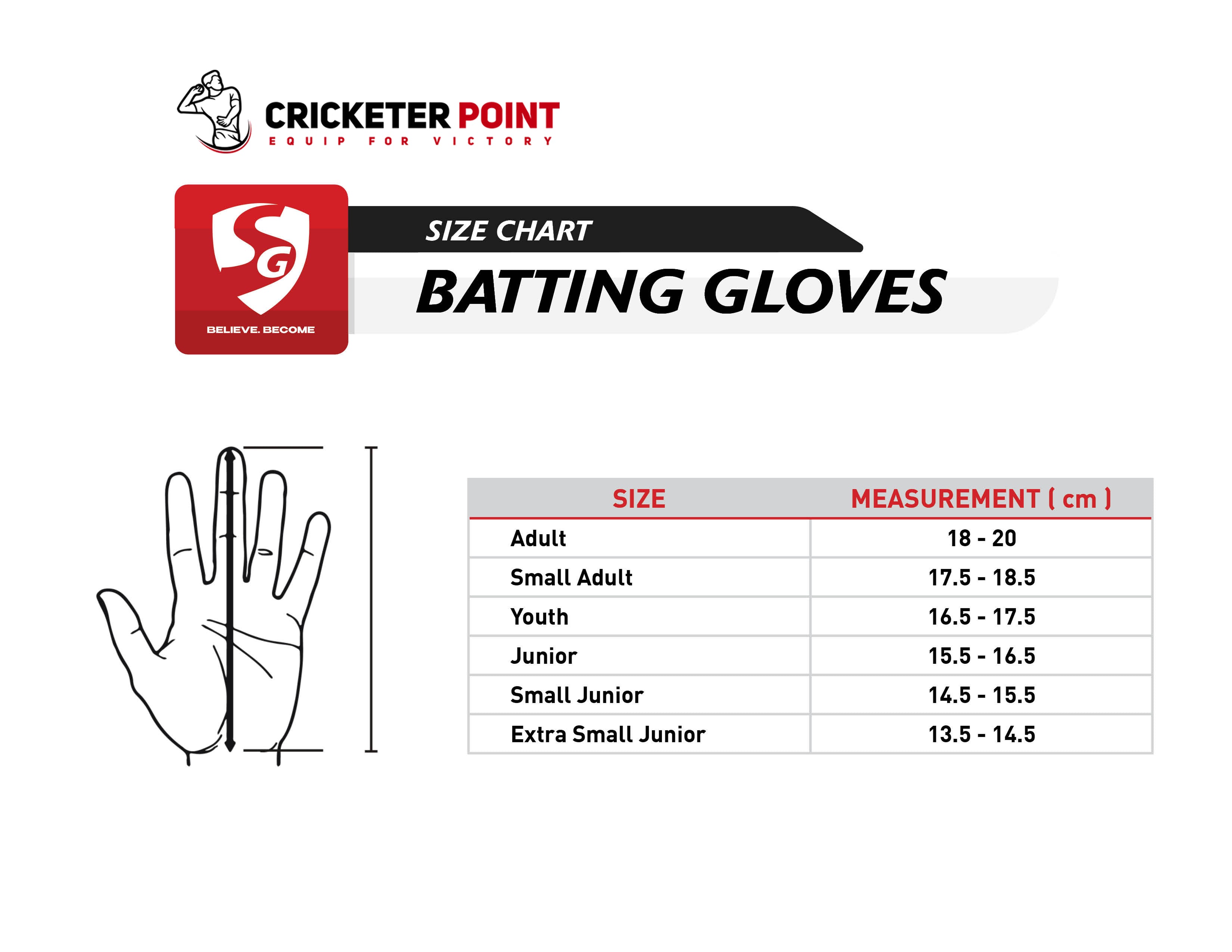 Size Guide — SG Super Club Batting Gloves