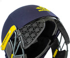 Side view of navy cricket helmet equipped with the clip-on Masuri Stem Guard Pro.
