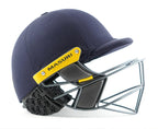 Close-up of black Masuri Stem Guard Pro attached to a navy helmet showing honeycomb structure.