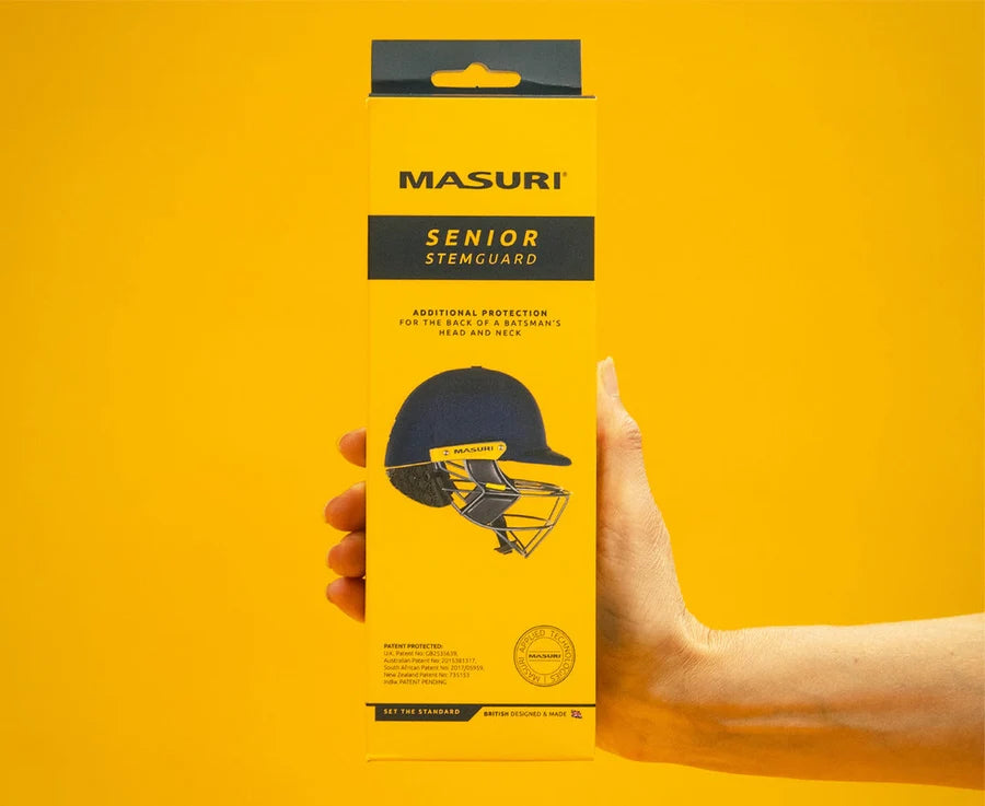 Retail packaging boxes for Masuri Junior StemGuard Lite and Senior Stem Guard Pro.
