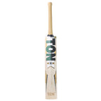 Close-up of the embossed chrome sticker branding and high-quality handle grip on the junior SS Ton Super English Willow Cricket Bat.