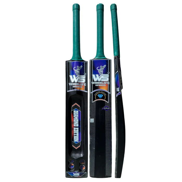 Front, back, and side view of WS Diamond Edition scoop tennis cricket bat with green grip