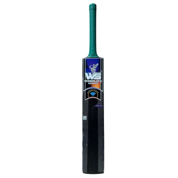 Full front face view of WS Woodlife Sports Diamond Edition cricket bat with blue decals