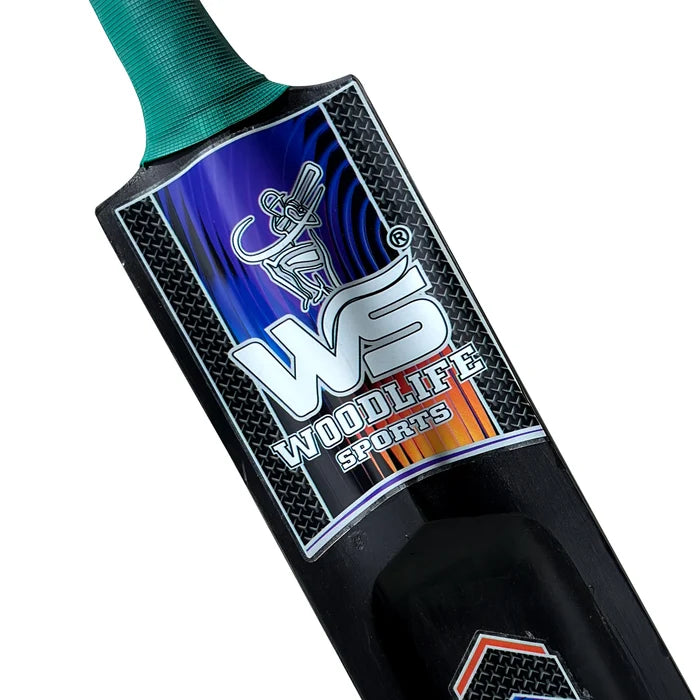 Detail of top shoulder decals and Woodlife Sports logo on WS scoop cricket bat