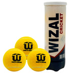 Yellow Wizal cricket tape ball next to its branded packaging tube.