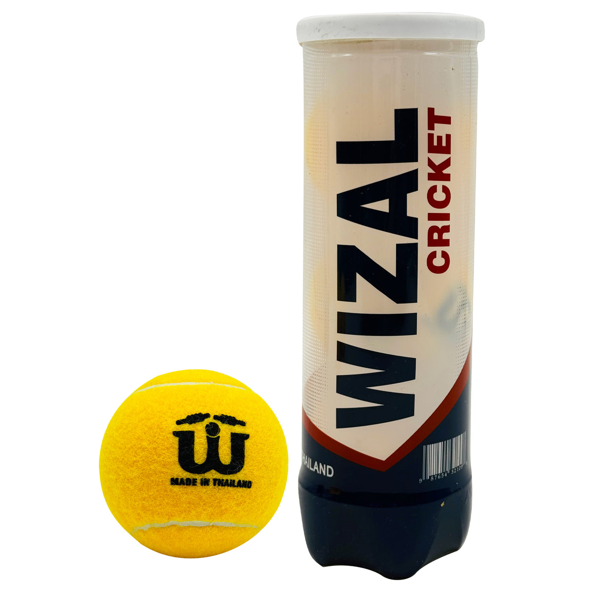 Tall cylindrical plastic packaging tube for Wizal cricket tape balls.