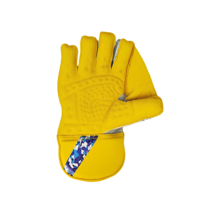 Close-up of the durable genuine leather palm material on the yellow Adidas Pellara 3.0 Wicket Keeping Glove.