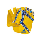 Front view of the yellow Adidas Pellara 3.0 Wicket Keeping Glove highlighting the textured octopus rubber palm grip.