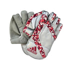 Front view of the silver and red Adidas Pellara 3.0 Wicket Keeping Gloves Adult showing the leather palm surface.