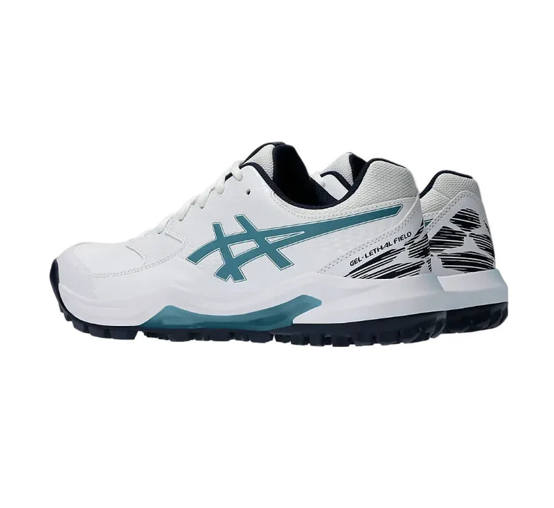 Detailed look at the forefoot flex grooves on the sole of the Asics Gel-Lethal Field 2 Cricket Shoes.