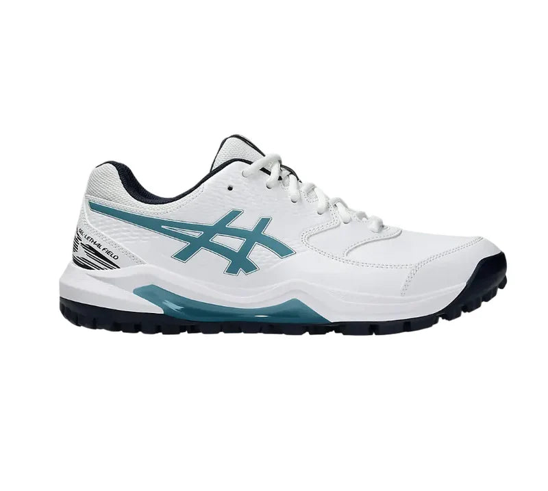 Side-by-side profile layout showcasing the interior and exterior design of the Asics Gel-Lethal Field 2 Cricket Shoes.