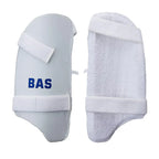 Front view of the white Bas Vampire Player Thigh Pad highlighting its premium full leather protective face shield.