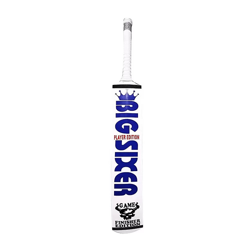 Close-up of the thick blade and side profile of the Big Sixer Game Finisher Edition Srilankan Tape Ball Bat.