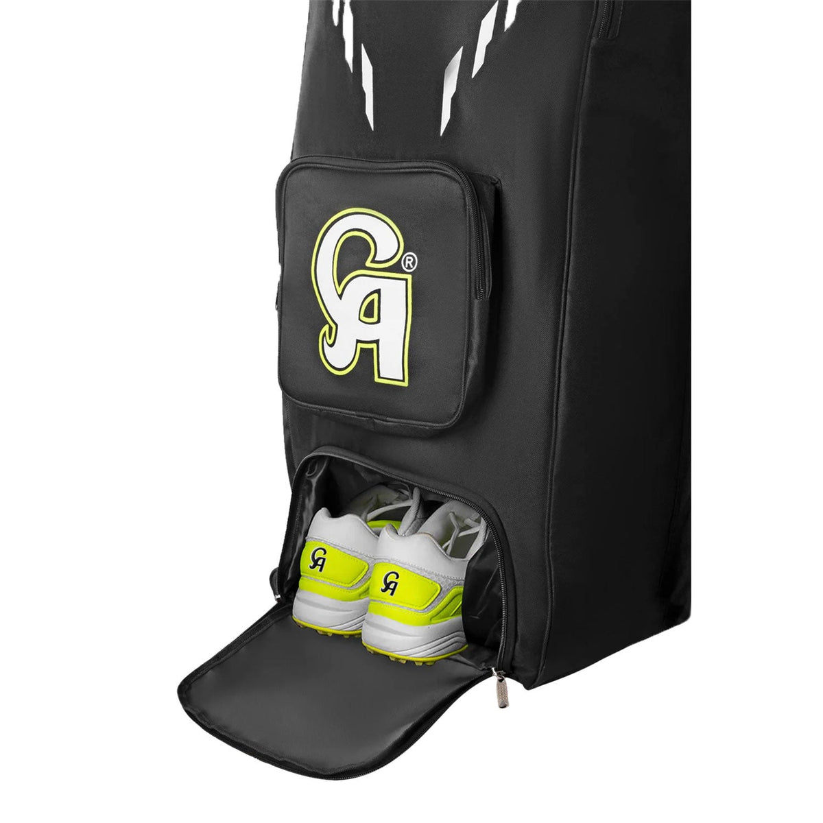 Side profile view of Ca 18k Duffle Cricket Bag showcasing one of the dedicated bat storage sleeves. Cricketer Point.