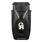 Front view of the black Ca 18k Duffle Cricket Bag showing high-vis graphics and quick access pocket. Cricketer Point.