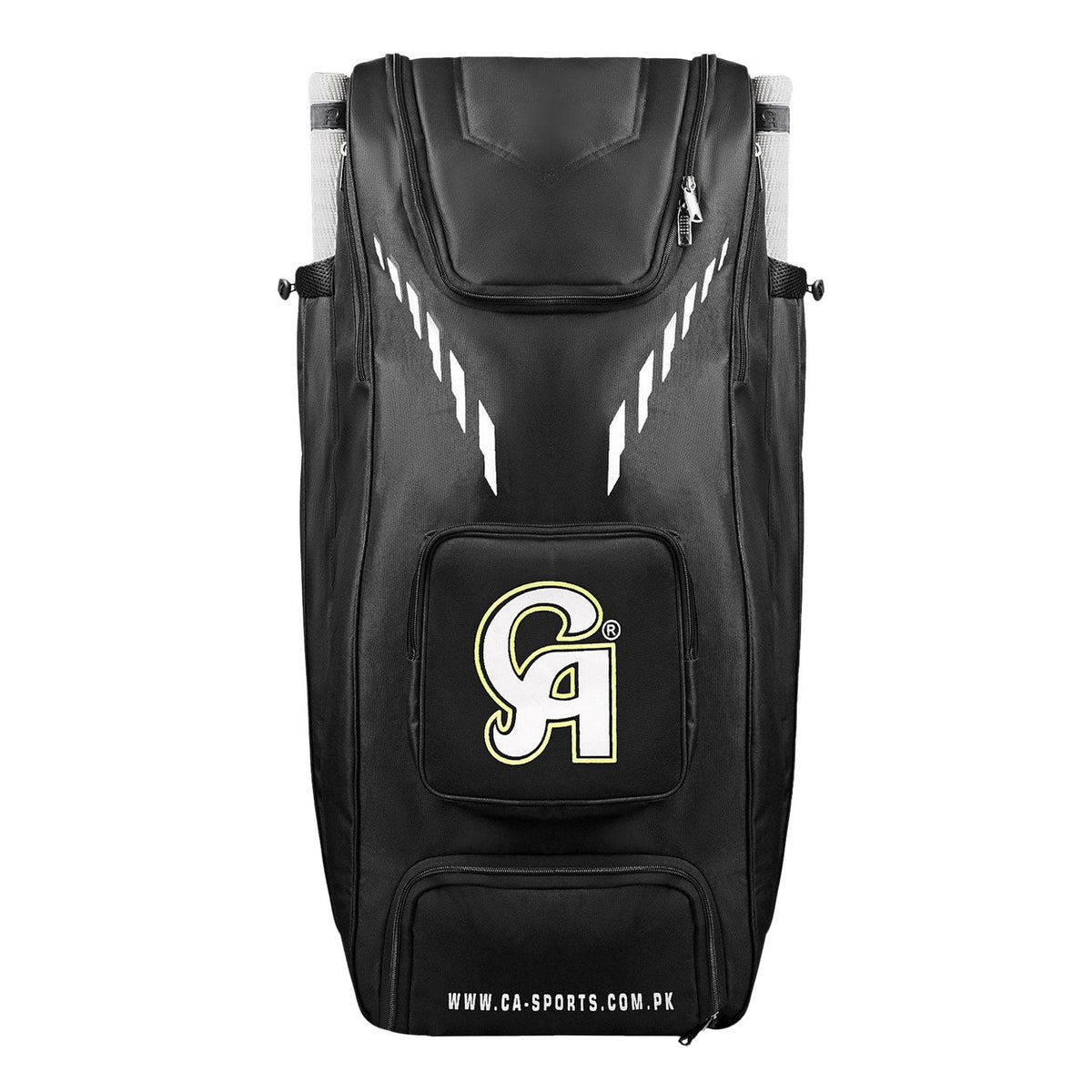 Front view of the black Ca 18k Duffle Cricket Bag showing high-vis graphics and quick access pocket. Cricketer Point.