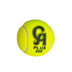 Detailed macro view of the embossed black CA brand logo on the yellow 20k Plus Cricket Tape Ball surface.