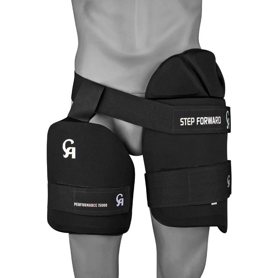 Close-up of the thick adjustable elastic strap bands and plastic buckle closures on the CA Performance 15000 Thigh Pad Black.