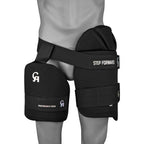 Close-up of the thick adjustable elastic strap bands and plastic buckle closures on the CA Performance 15000 Thigh Pad Black.