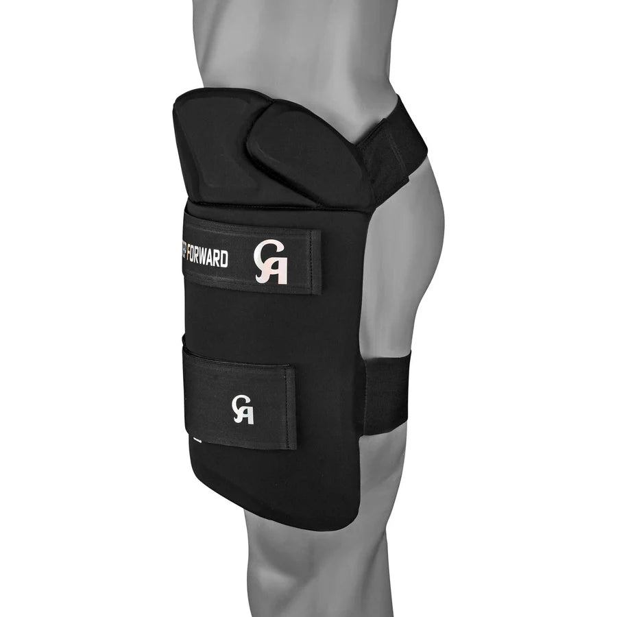 Side angle of the contoured, lightweight CA Performance 15000 Thigh Pad Black emphasizing the dual-density foam edging.