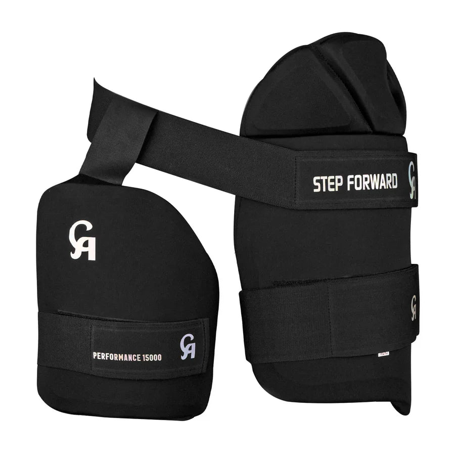 Front profile of CA Performance 15000 Thigh Pad Black showing the protective face panel and white branding graphics.