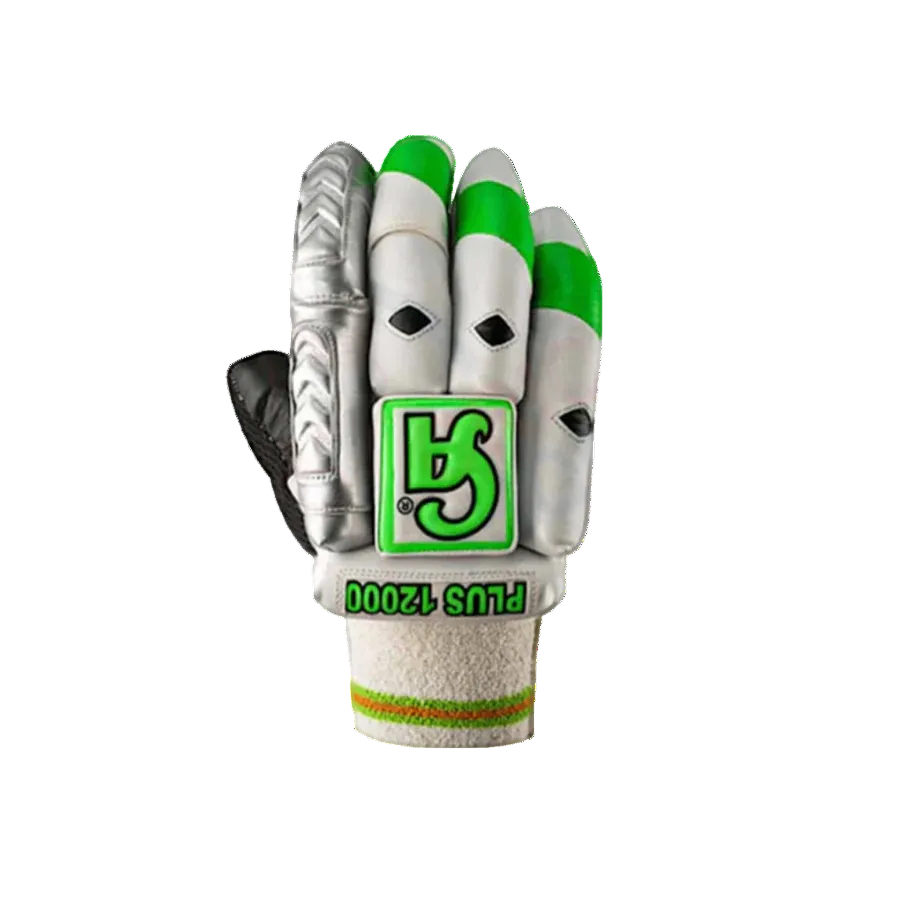 Front view of the white CA Plus 12000 Batting Gloves Adult from Cricketer Point featuring textured sheepskin palms.