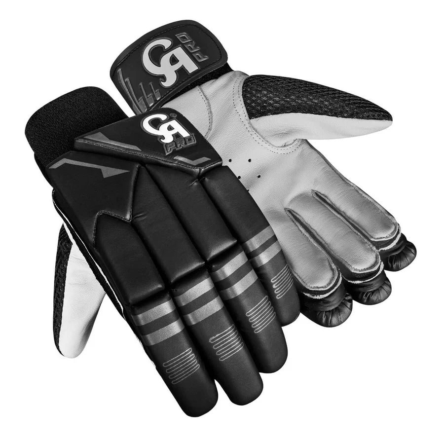 Palm perspective of CA Pro 10000 Batting Gloves Black highlighting the premium leather surface texture.