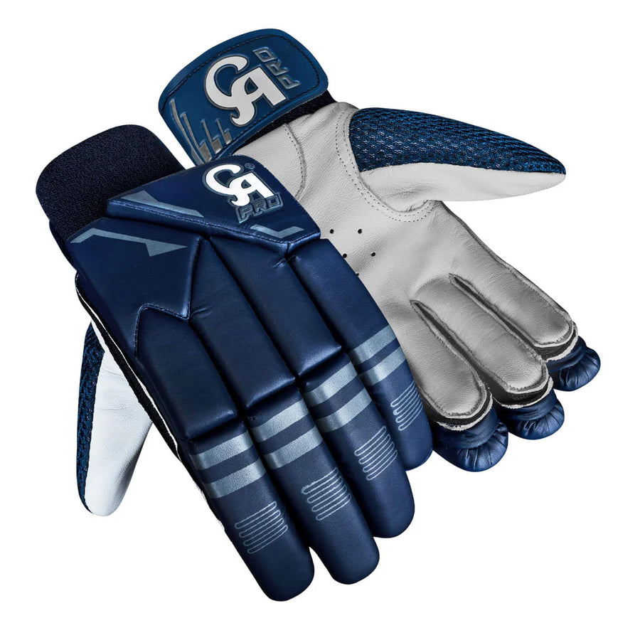 Palms-up view of the white premium leather palm surface on the CA Pro 10000 Batting Gloves Navy.