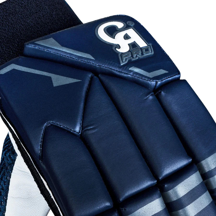 Close-up view of the protective overlay on the side thumb block of the CA Pro 10000 Batting Gloves Navy.