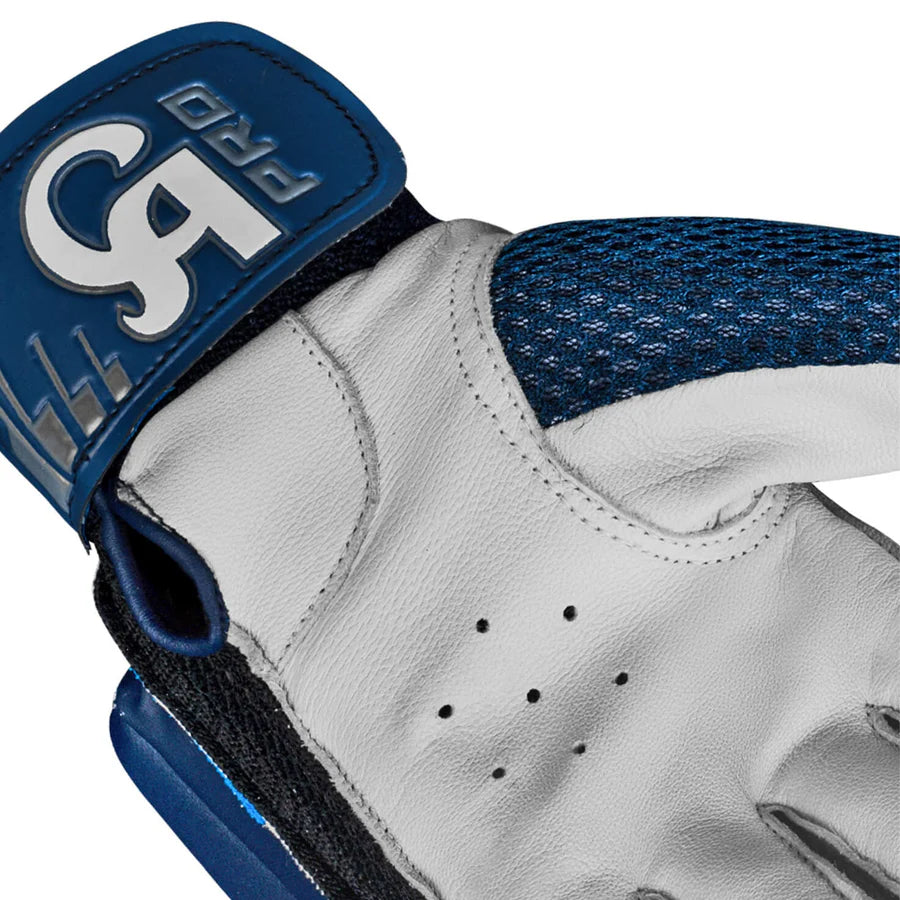Detailed texture shot of the flexible spandex mesh gussets between the fingers on the CA Pro 10000 Batting Gloves Navy.