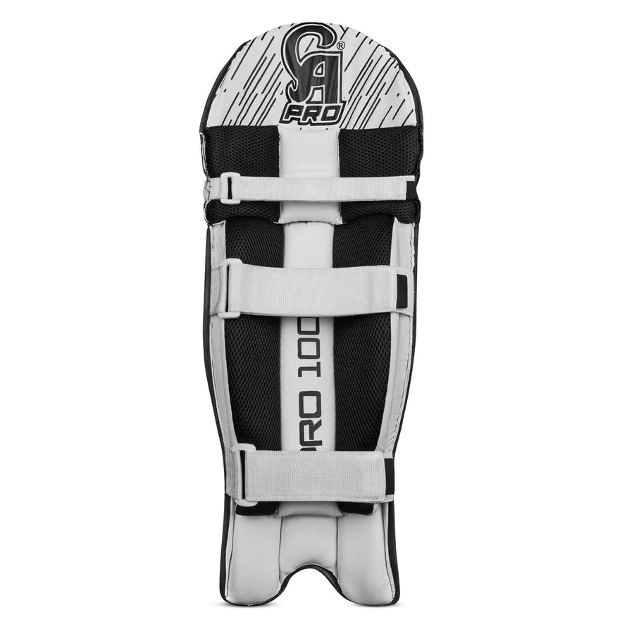 Detailed view of the reinforced knee roll defense configuration on the CA Pro 10000 Batting Pads Black.