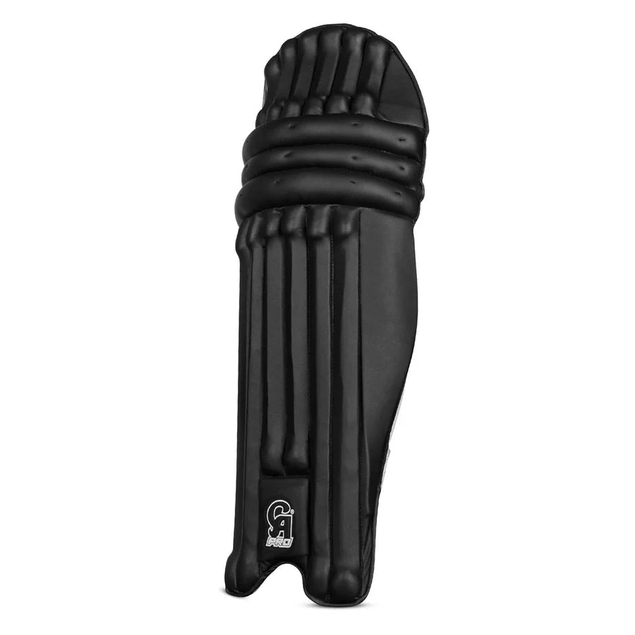 Side angle view displaying the slim wrap-around wing cushioning of the CA Pro 10000 Batting Pads Black.